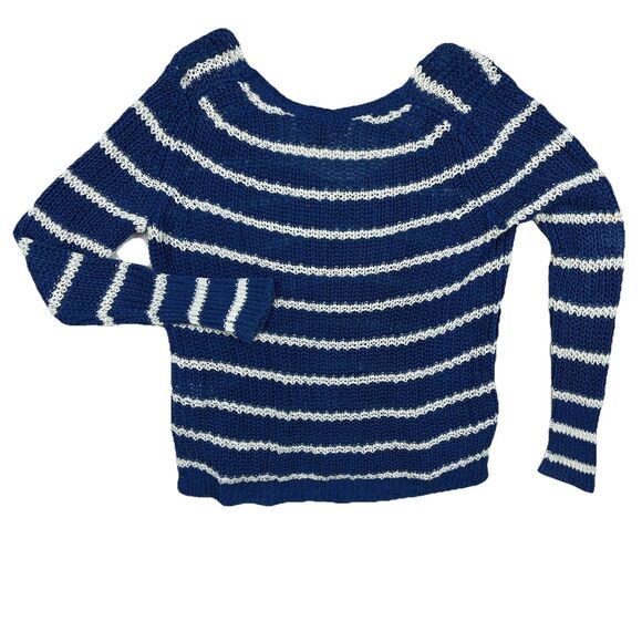 Banana Republic 100% Italian Linen Chunky V-neck Blue Striped Sweater Medium - Picture 5 of 6